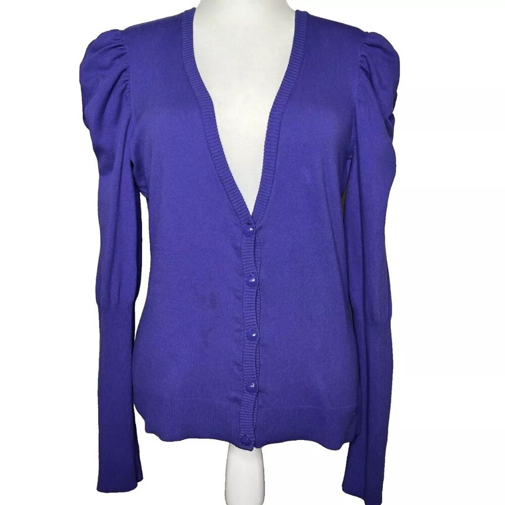 Bisou Knit Womens Cardigan XL Cotton Purple Puff Sleeve Y2K Career Layer Stretch